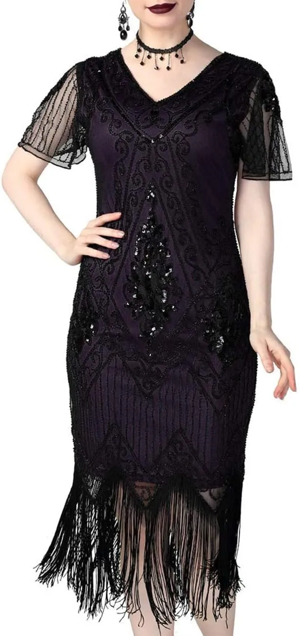 kayamiya Women's Flapper Dresses 1920s Sequins Art Deco Gatsby Cocktail Dress with Sleeve