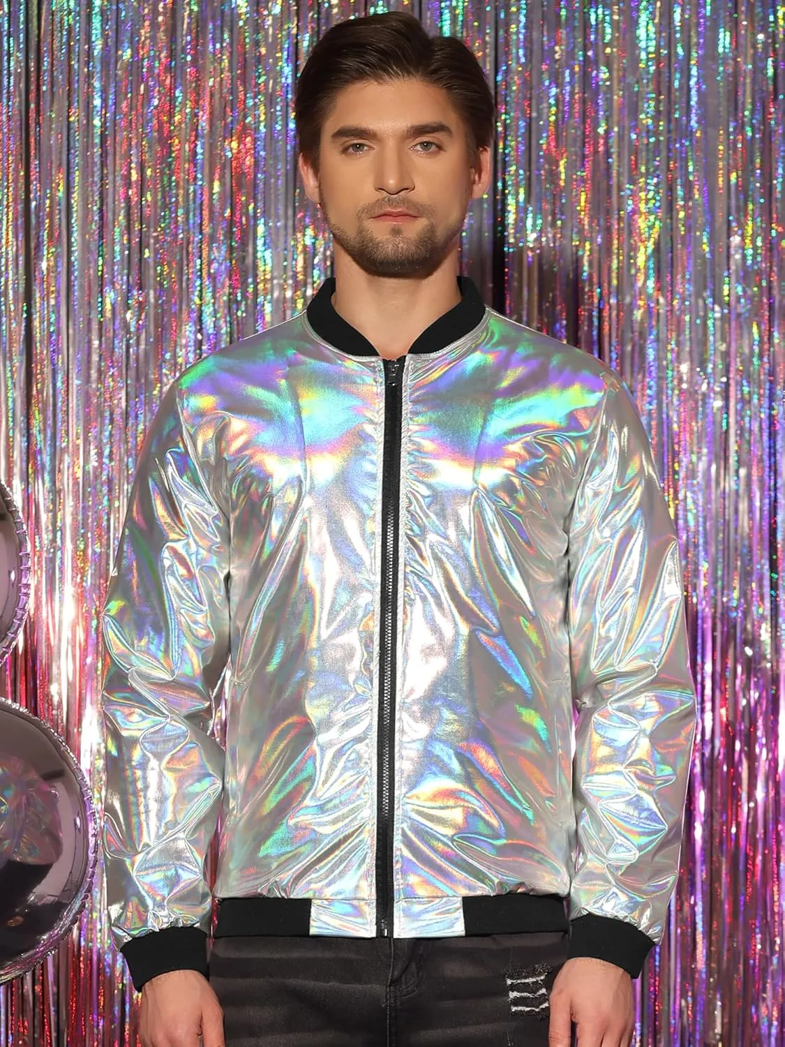 Lars Amadeus Holographic Metallic Varsity Jacket for Men's Zip Up Long Sleeves Shiny Bomber Jacket