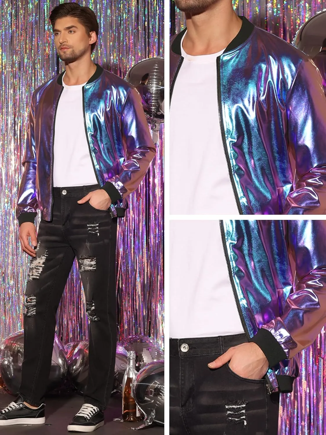 Lars Amadeus Holographic Metallic Varsity Jacket for Men's Zip Up Long Sleeves Shiny Bomber Jacket