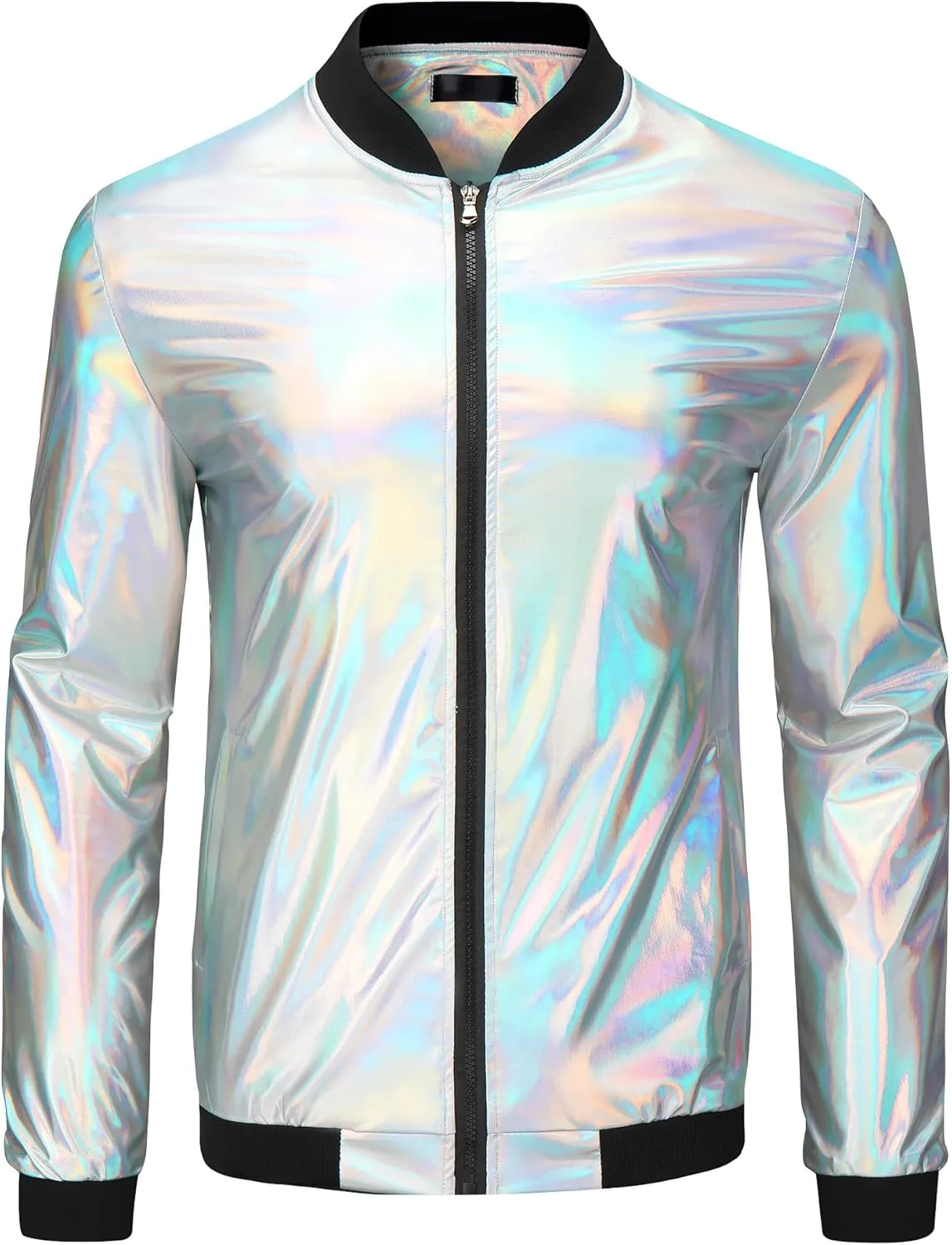 Lars Amadeus Holographic Metallic Varsity Jacket for Men's Zip Up Long Sleeves Shiny Bomber Jacket