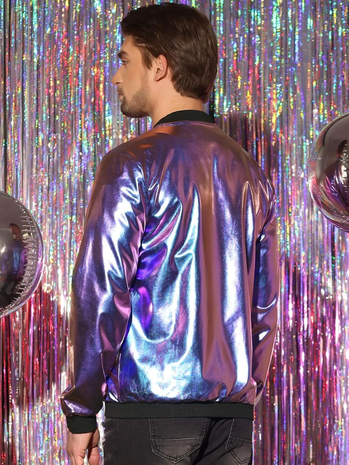 Lars Amadeus Holographic Metallic Varsity Jacket for Men's Zip Up Long Sleeves Shiny Bomber Jacket