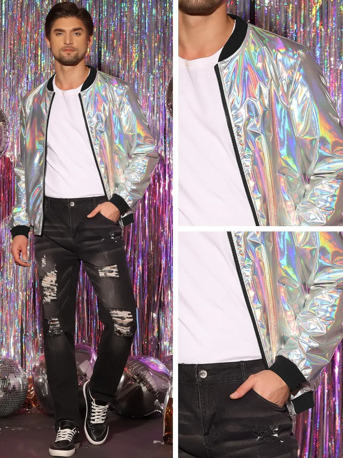 Lars Amadeus Holographic Metallic Varsity Jacket for Men's Zip Up Long Sleeves Shiny Bomber Jacket