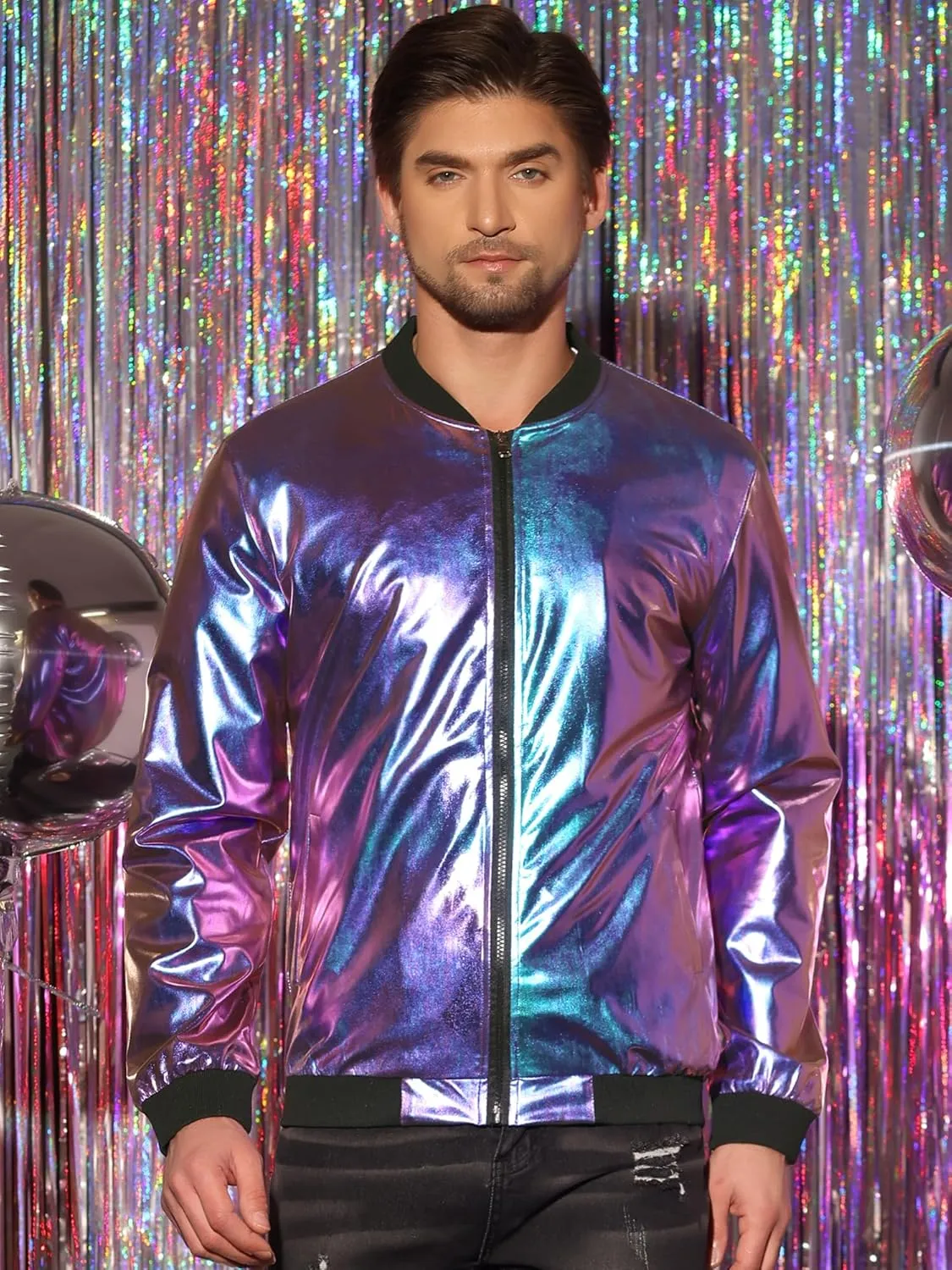 Lars Amadeus Holographic Metallic Varsity Jacket for Men's Zip Up Long Sleeves Shiny Bomber Jacket