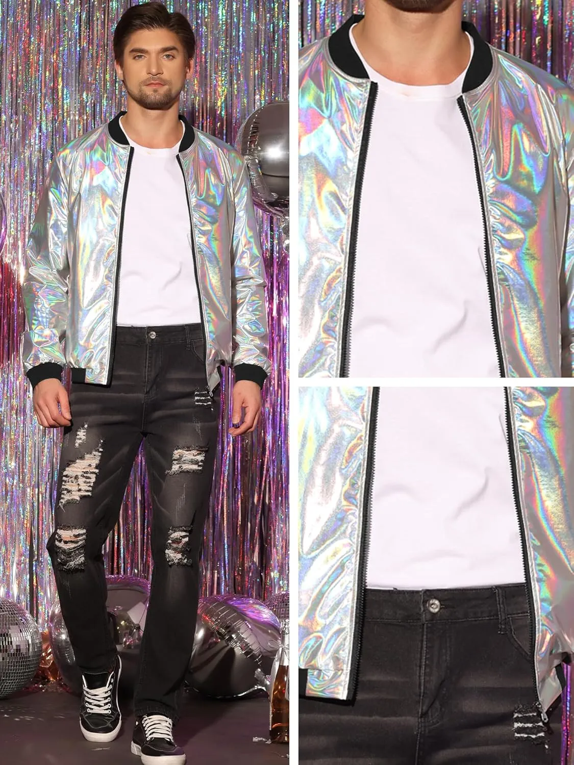 Lars Amadeus Holographic Metallic Varsity Jacket for Men's Zip Up Long Sleeves Shiny Bomber Jacket