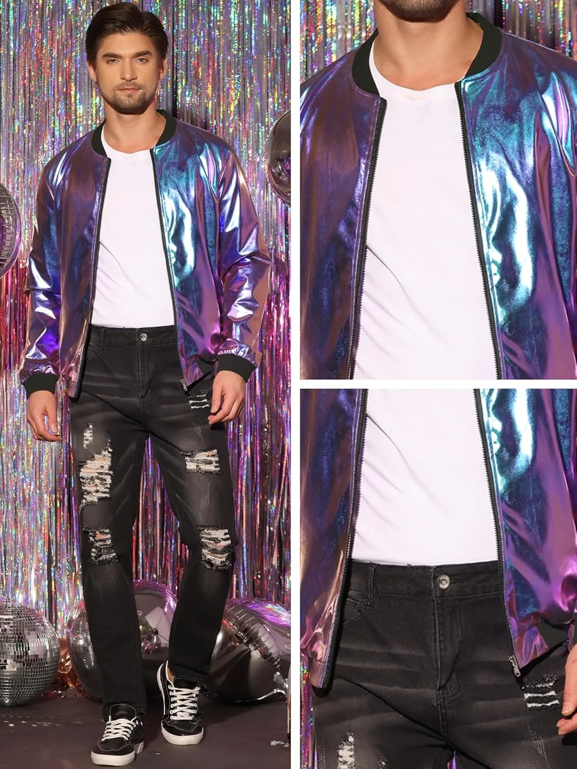 Lars Amadeus Holographic Metallic Varsity Jacket for Men's Zip Up Long Sleeves Shiny Bomber Jacket
