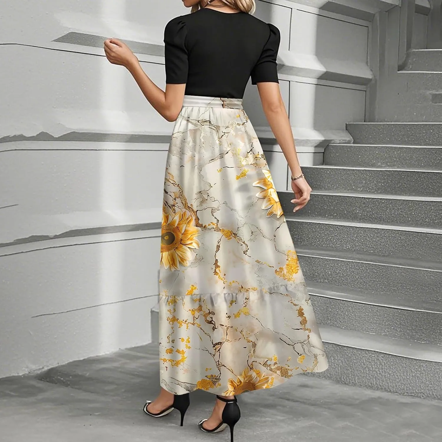 Long Floral Dresses for Women 2025 Elegant Boho Tie Belted Patchwork Empire Waist Short Sleeve Modest Flowy Maxi Dress