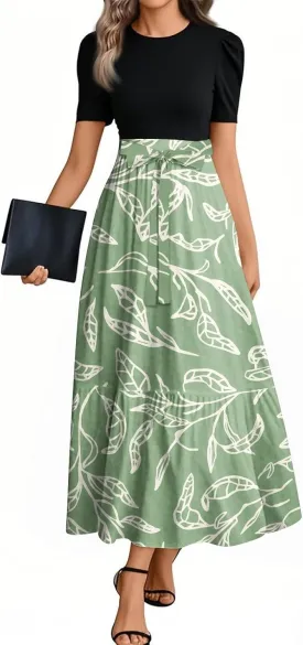 Long Floral Dresses for Women 2025 Elegant Boho Tie Belted Patchwork Empire Waist Short Sleeve Modest Flowy Maxi Dress