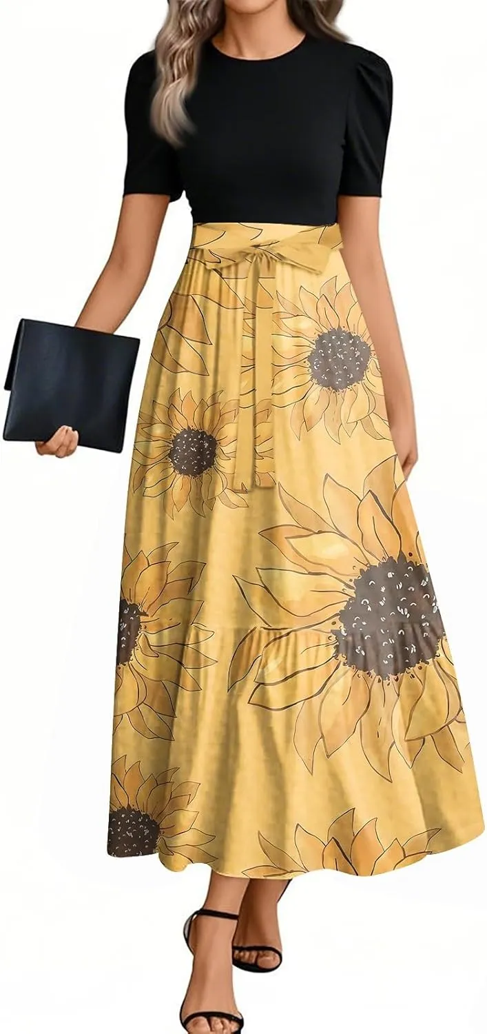 Long Floral Dresses for Women 2025 Elegant Boho Tie Belted Patchwork Empire Waist Short Sleeve Modest Flowy Maxi Dress