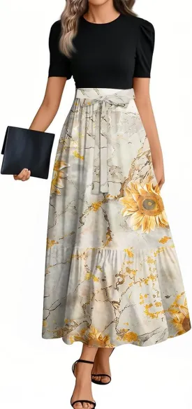Long Floral Dresses for Women 2025 Elegant Boho Tie Belted Patchwork Empire Waist Short Sleeve Modest Flowy Maxi Dress
