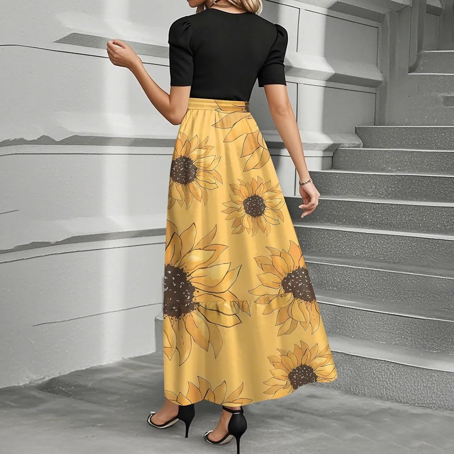 Long Floral Dresses for Women 2025 Elegant Boho Tie Belted Patchwork Empire Waist Short Sleeve Modest Flowy Maxi Dress
