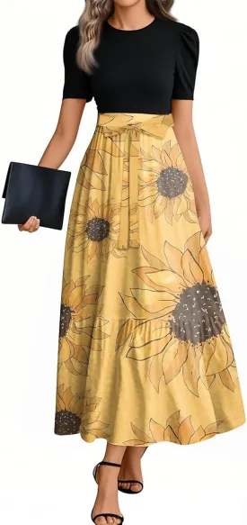 Long Floral Dresses for Women 2025 Elegant Boho Tie Belted Patchwork Empire Waist Short Sleeve Modest Flowy Maxi Dress