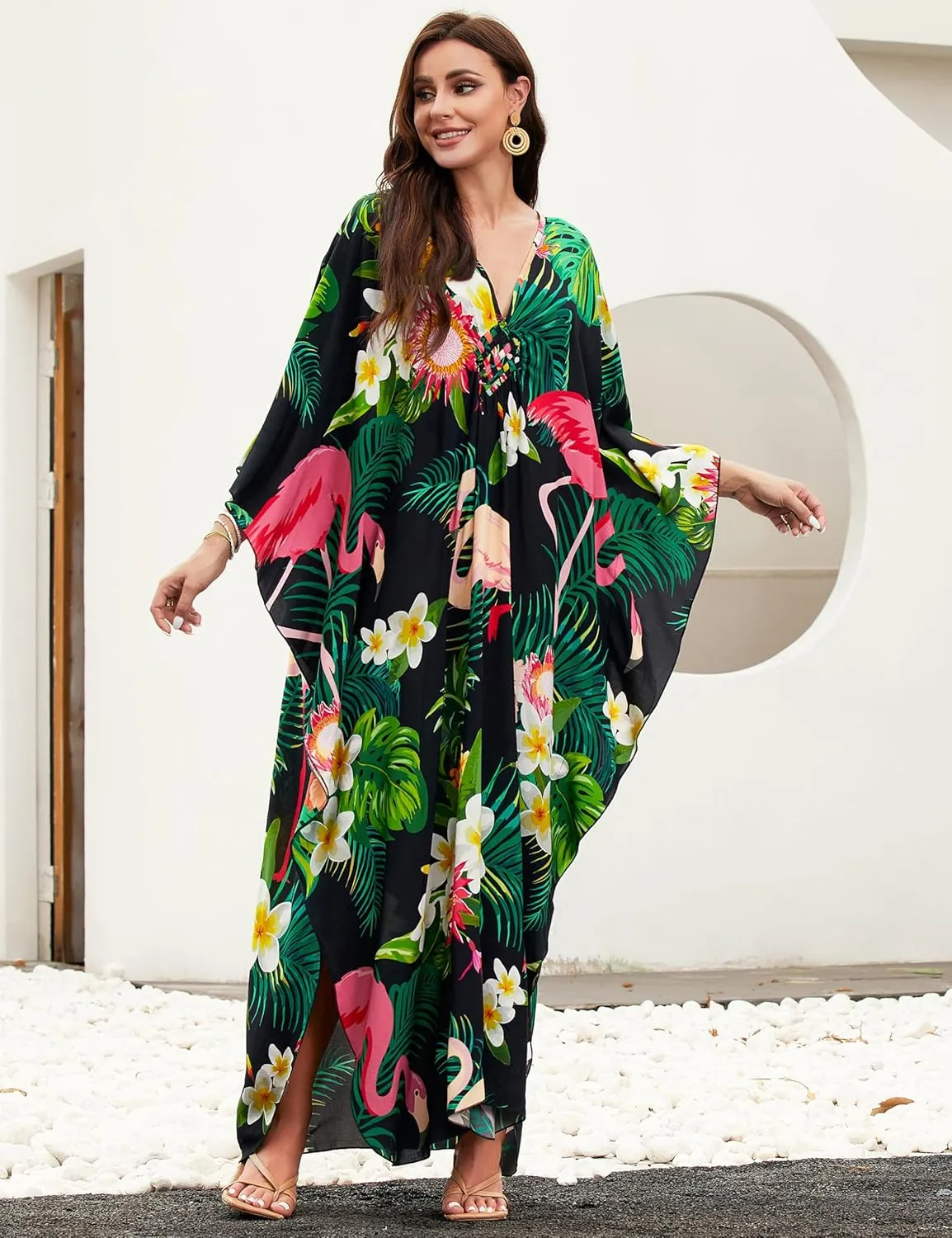 MAKABO Kaftan Dresses for Women, V Neck Moo Moos Colorful Print Cover Ups Caftan Beach Dresses for Swimwear
