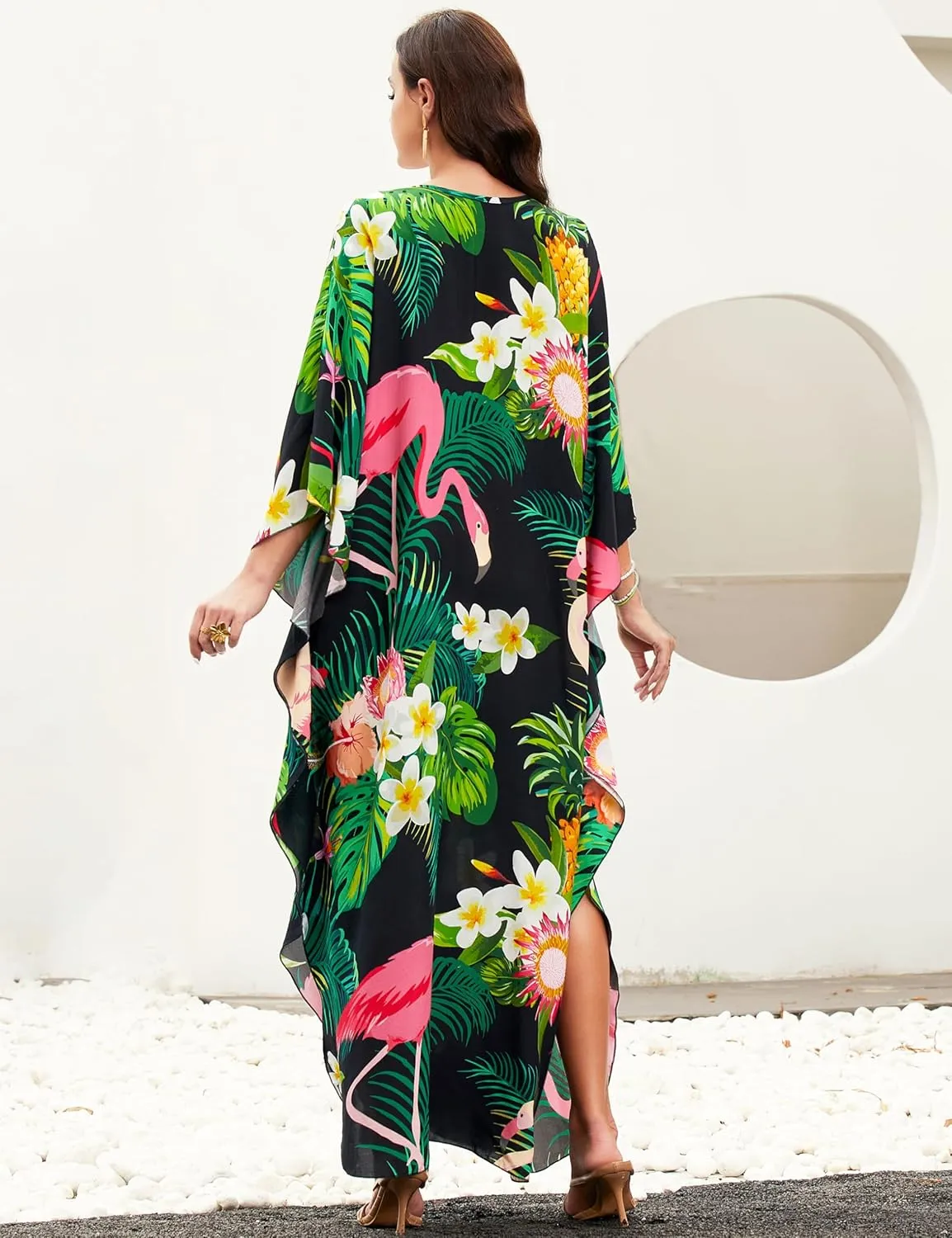 MAKABO Kaftan Dresses for Women, V Neck Moo Moos Colorful Print Cover Ups Caftan Beach Dresses for Swimwear