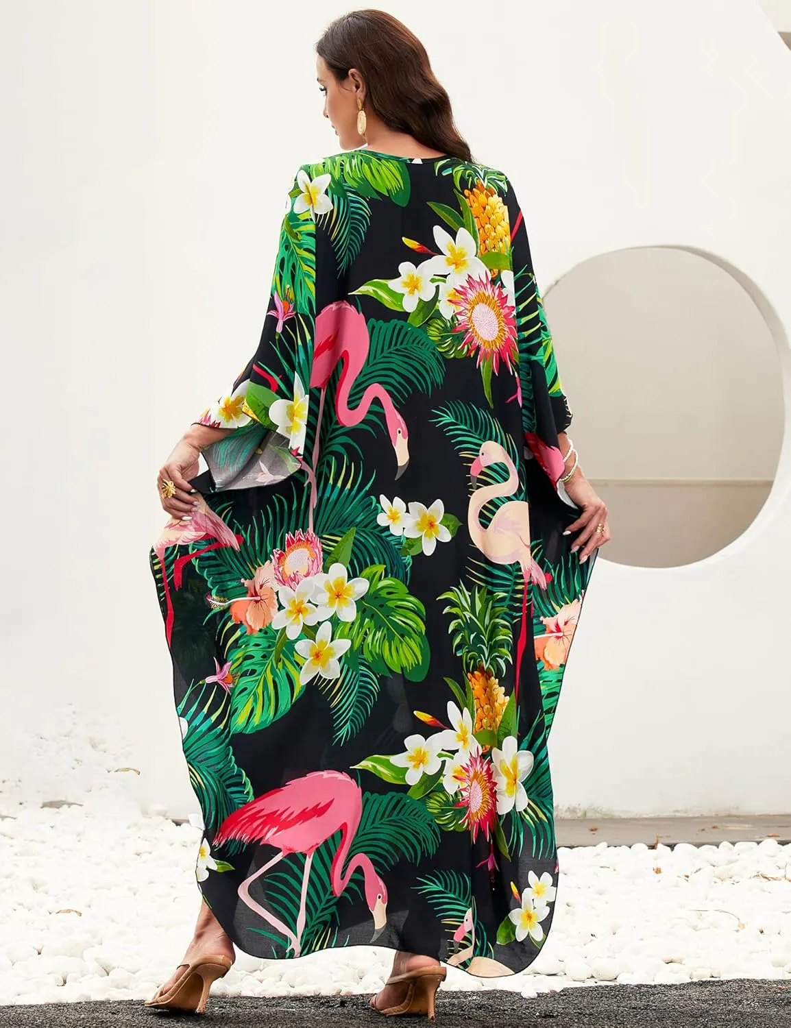 MAKABO Kaftan Dresses for Women, V Neck Moo Moos Colorful Print Cover Ups Caftan Beach Dresses for Swimwear