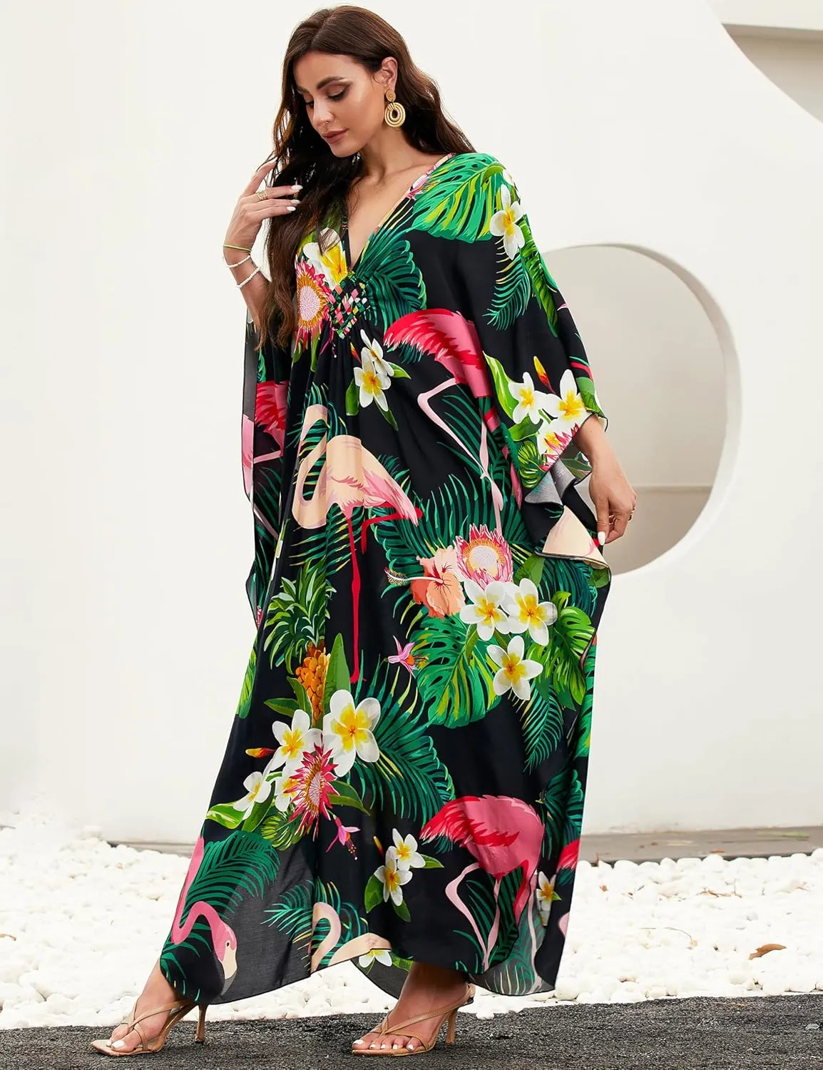 MAKABO Kaftan Dresses for Women, V Neck Moo Moos Colorful Print Cover Ups Caftan Beach Dresses for Swimwear