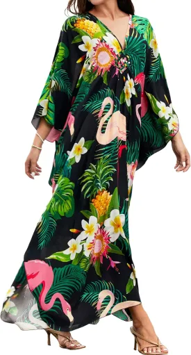 MAKABO Kaftan Dresses for Women, V Neck Moo Moos Colorful Print Cover Ups Caftan Beach Dresses for Swimwear