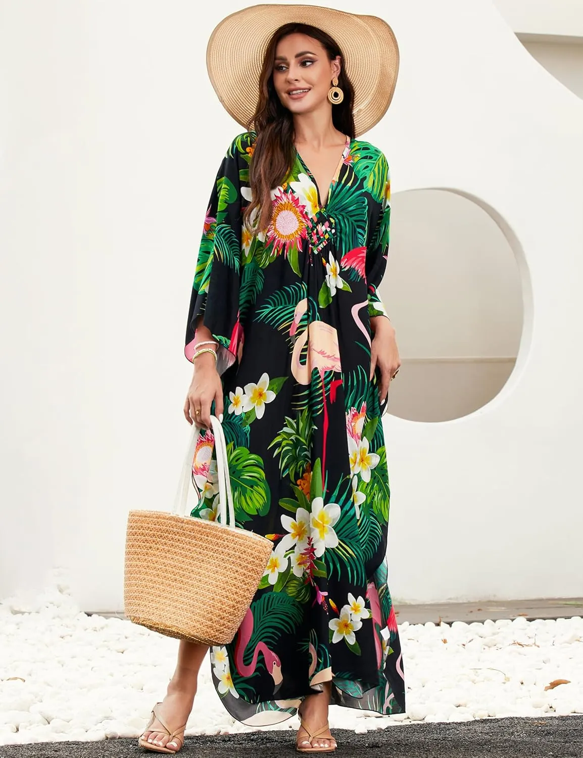 MAKABO Kaftan Dresses for Women, V Neck Moo Moos Colorful Print Cover Ups Caftan Beach Dresses for Swimwear