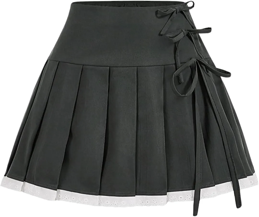 MakeMeChic Women's Bow High Waist Pleated A Line Mini Skirt Summer Skater Skirts