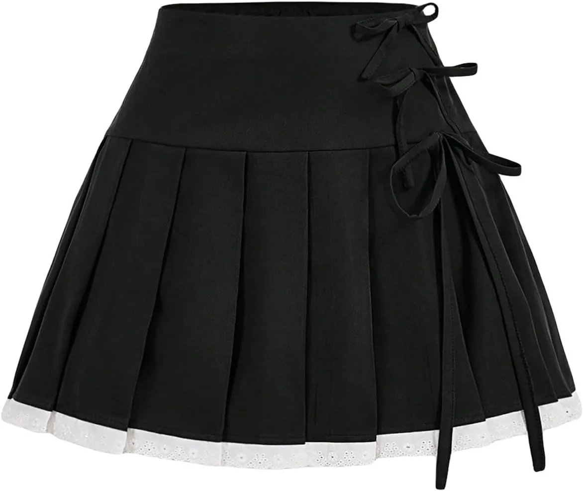 MakeMeChic Women's Bow High Waist Pleated A Line Mini Skirt Summer Skater Skirts