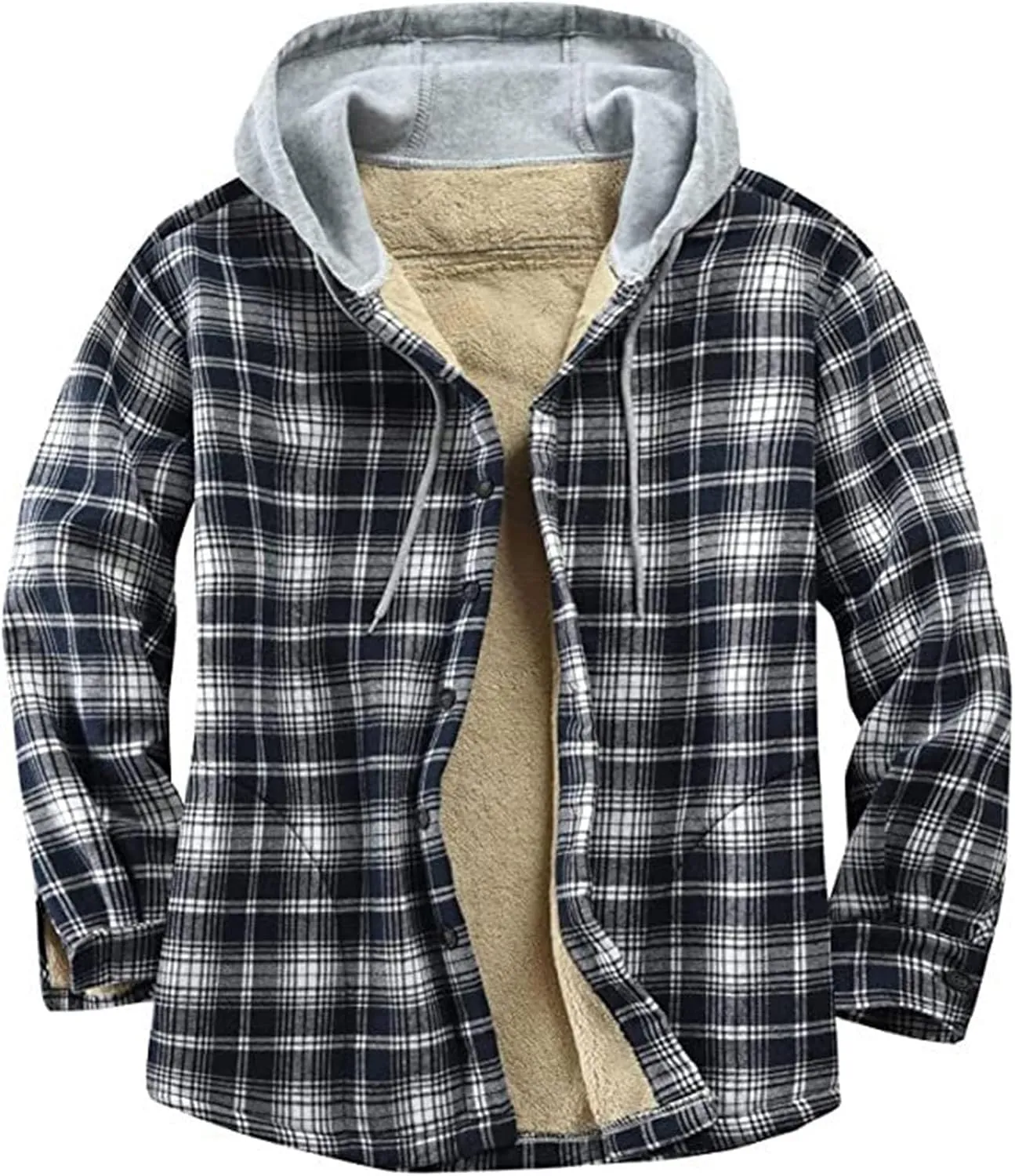 Mens Fleece Lined Flannel Plaid Shirts Jacket Button Down Sherpa Jackets with Hood Stylish Winter Hooded Coats Outwear