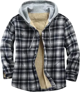 Mens Fleece Lined Flannel Plaid Shirts Jacket Button Down Sherpa Jackets with Hood Stylish Winter Hooded Coats Outwear