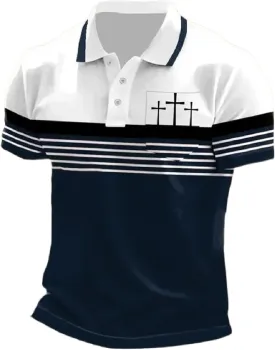 Men's Retro Faith Cross Printed with Pocket Polo Shirt Casual Tops Christian Polo Shirts