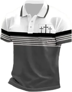 Men's Retro Faith Cross Printed with Pocket Polo Shirt Casual Tops Christian Polo Shirts