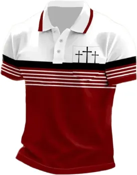 Men's Retro Faith Cross Printed with Pocket Polo Shirt Casual Tops Christian Polo Shirts