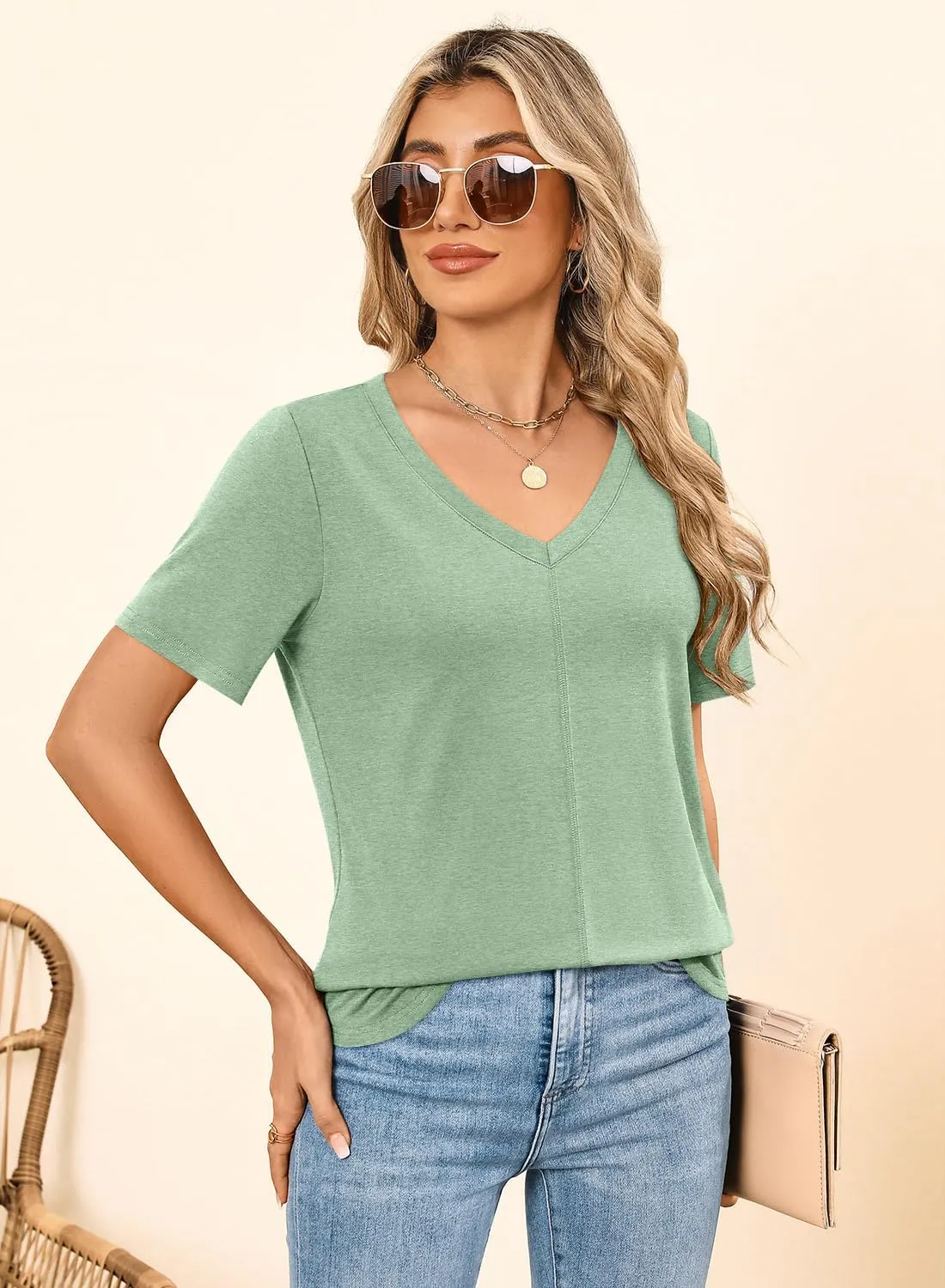 MIHOLL Womens T Shirts V Neck Short Sleeve 2025 Summer Tops Casual Loose T-Shirt