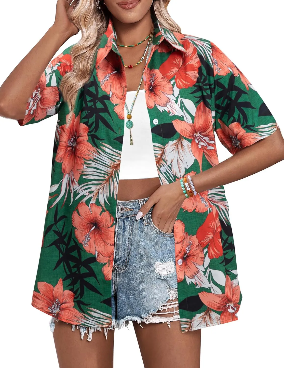 MYHALF Women Hawaiian Shirt Soft Cool Summer Hawaii Shirts Floral Tropic Print V Neck T-Shirt Short Sleeve Button Up Tops