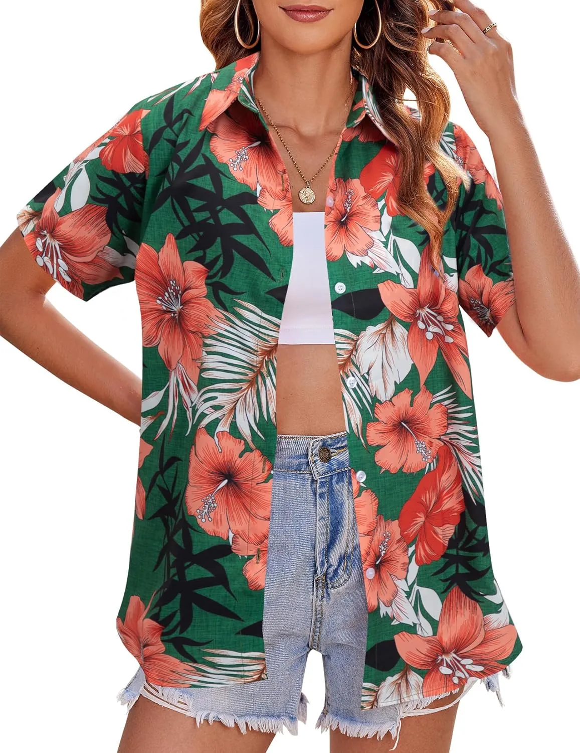 MYHALF Women Hawaiian Shirt Soft Cool Summer Hawaii Shirts Floral Tropic Print V Neck T-Shirt Short Sleeve Button Up Tops