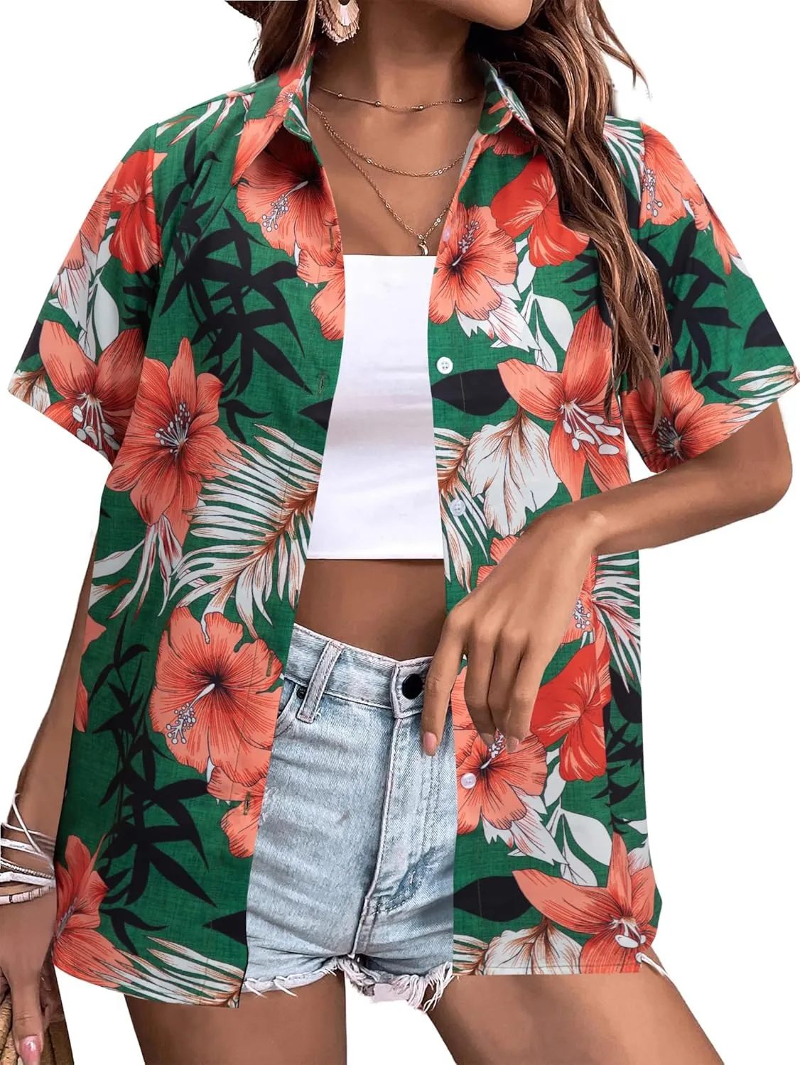 MYHALF Women Hawaiian Shirt Soft Cool Summer Hawaii Shirts Floral Tropic Print V Neck T-Shirt Short Sleeve Button Up Tops