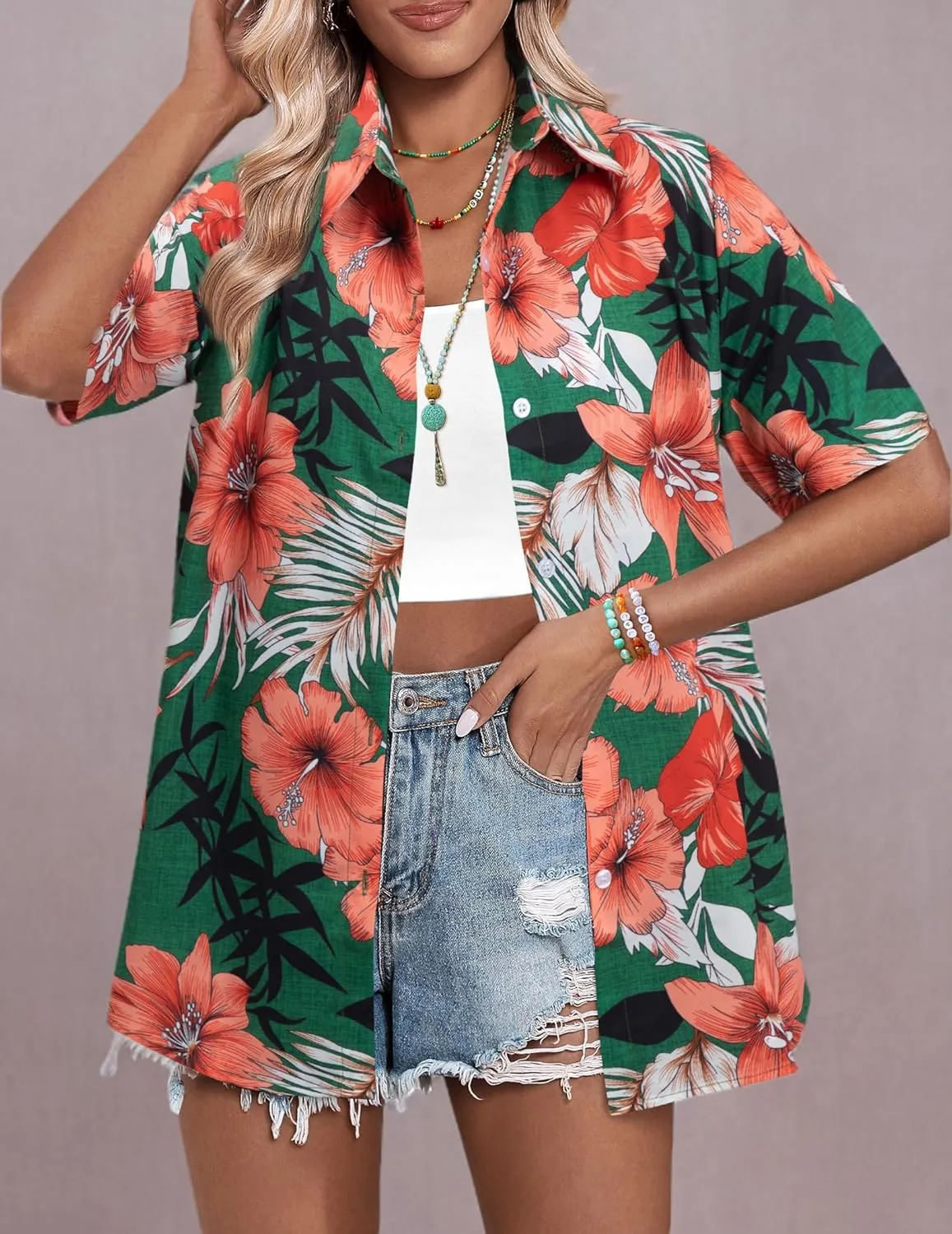 MYHALF Women Hawaiian Shirt Soft Cool Summer Hawaii Shirts Floral Tropic Print V Neck T-Shirt Short Sleeve Button Up Tops