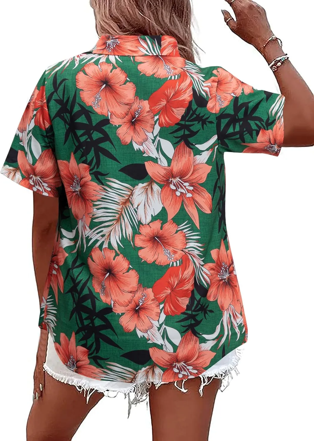 MYHALF Women Hawaiian Shirt Soft Cool Summer Hawaii Shirts Floral Tropic Print V Neck T-Shirt Short Sleeve Button Up Tops