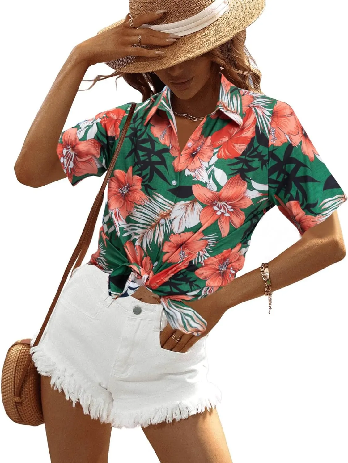 MYHALF Women Hawaiian Shirt Soft Cool Summer Hawaii Shirts Floral Tropic Print V Neck T-Shirt Short Sleeve Button Up Tops