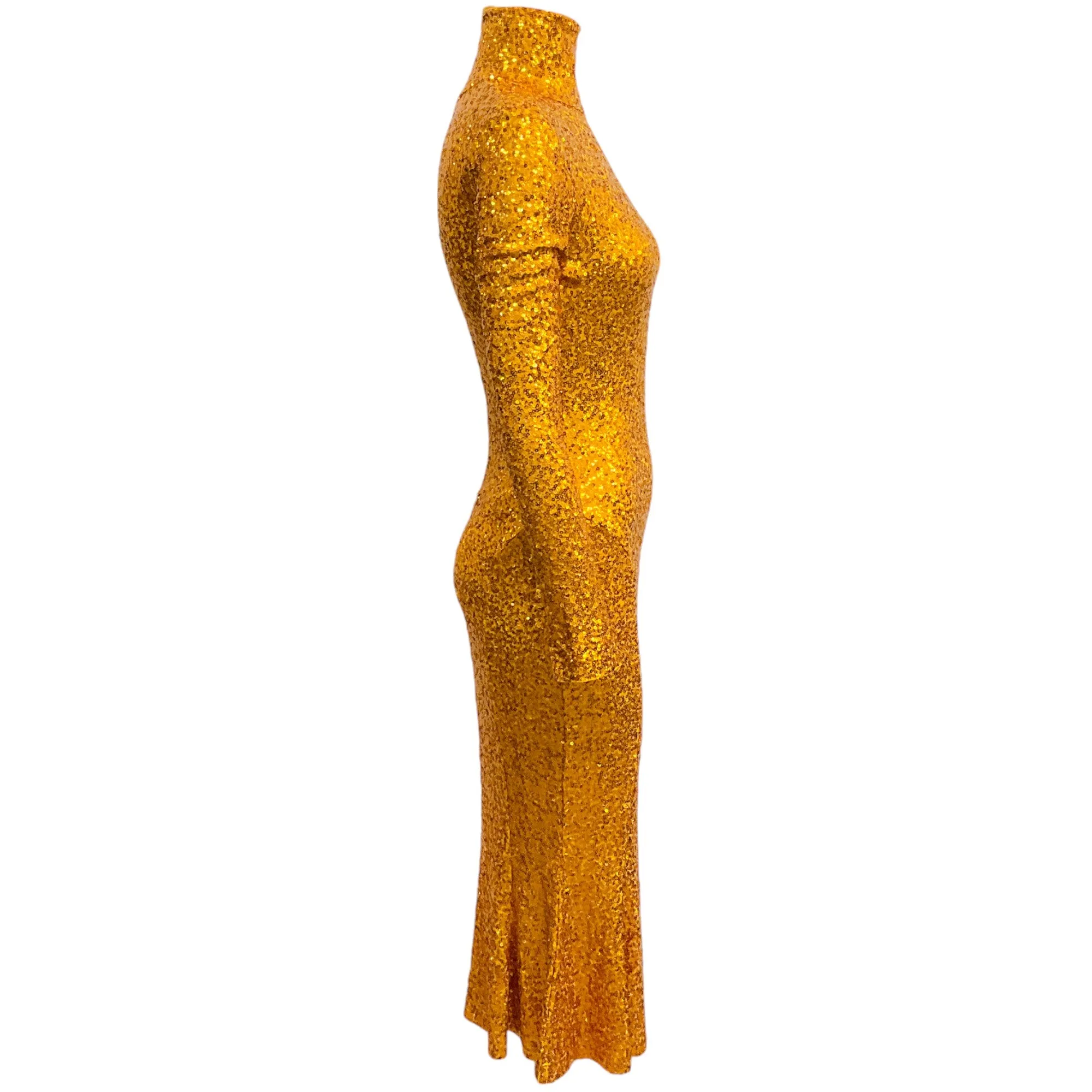 Norma Kamali Gold Sequined Mock Neck Trumpet Hem Dress