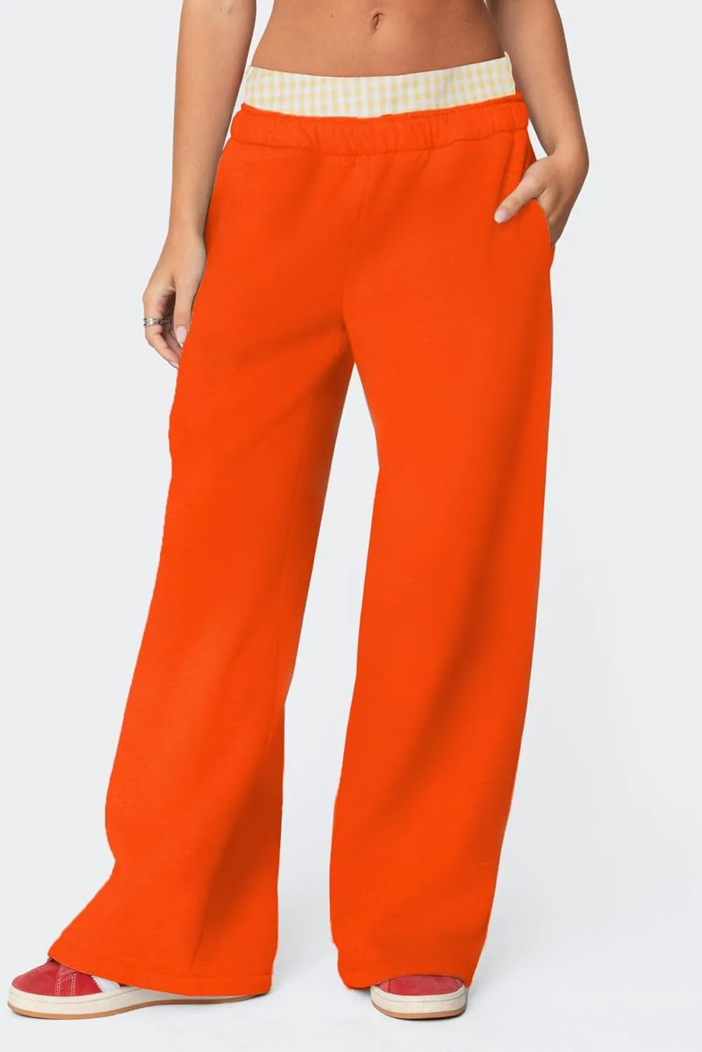 NUFIWI Gingham Boxer Detail Sweatpants for Women Elastic Waist Baggy Flared Pants Straight Leg Casual Going Out Trousers