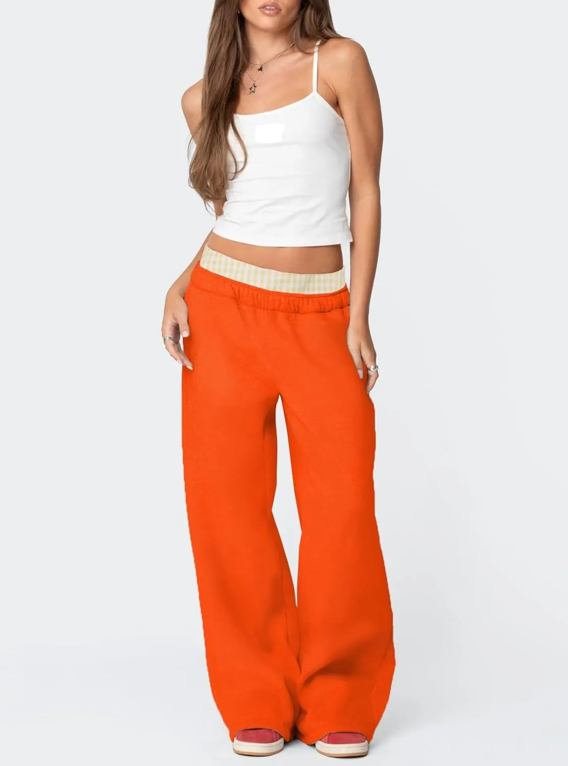 NUFIWI Gingham Boxer Detail Sweatpants for Women Elastic Waist Baggy Flared Pants Straight Leg Casual Going Out Trousers