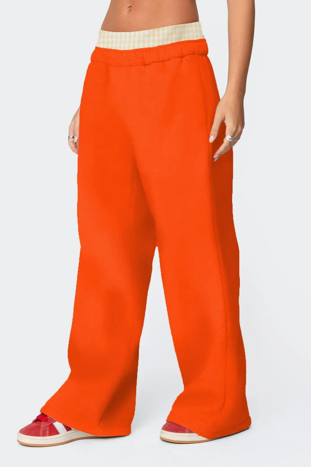 NUFIWI Gingham Boxer Detail Sweatpants for Women Elastic Waist Baggy Flared Pants Straight Leg Casual Going Out Trousers