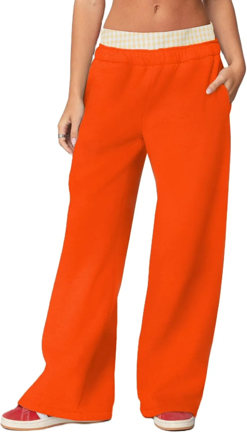 NUFIWI Gingham Boxer Detail Sweatpants for Women Elastic Waist Baggy Flared Pants Straight Leg Casual Going Out Trousers