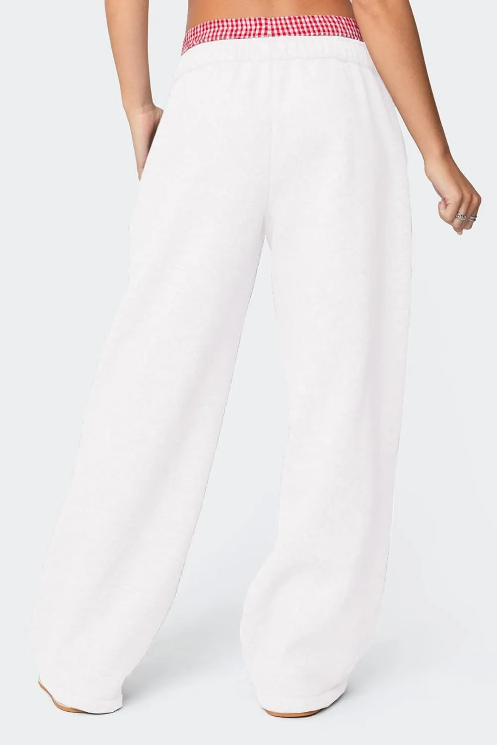 NUFIWI Gingham Boxer Detail Sweatpants for Women Elastic Waist Baggy Flared Pants Straight Leg Casual Going Out Trousers