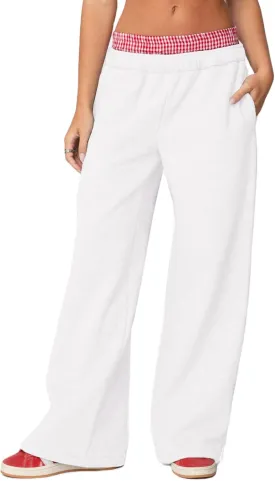 NUFIWI Gingham Boxer Detail Sweatpants for Women Elastic Waist Baggy Flared Pants Straight Leg Casual Going Out Trousers