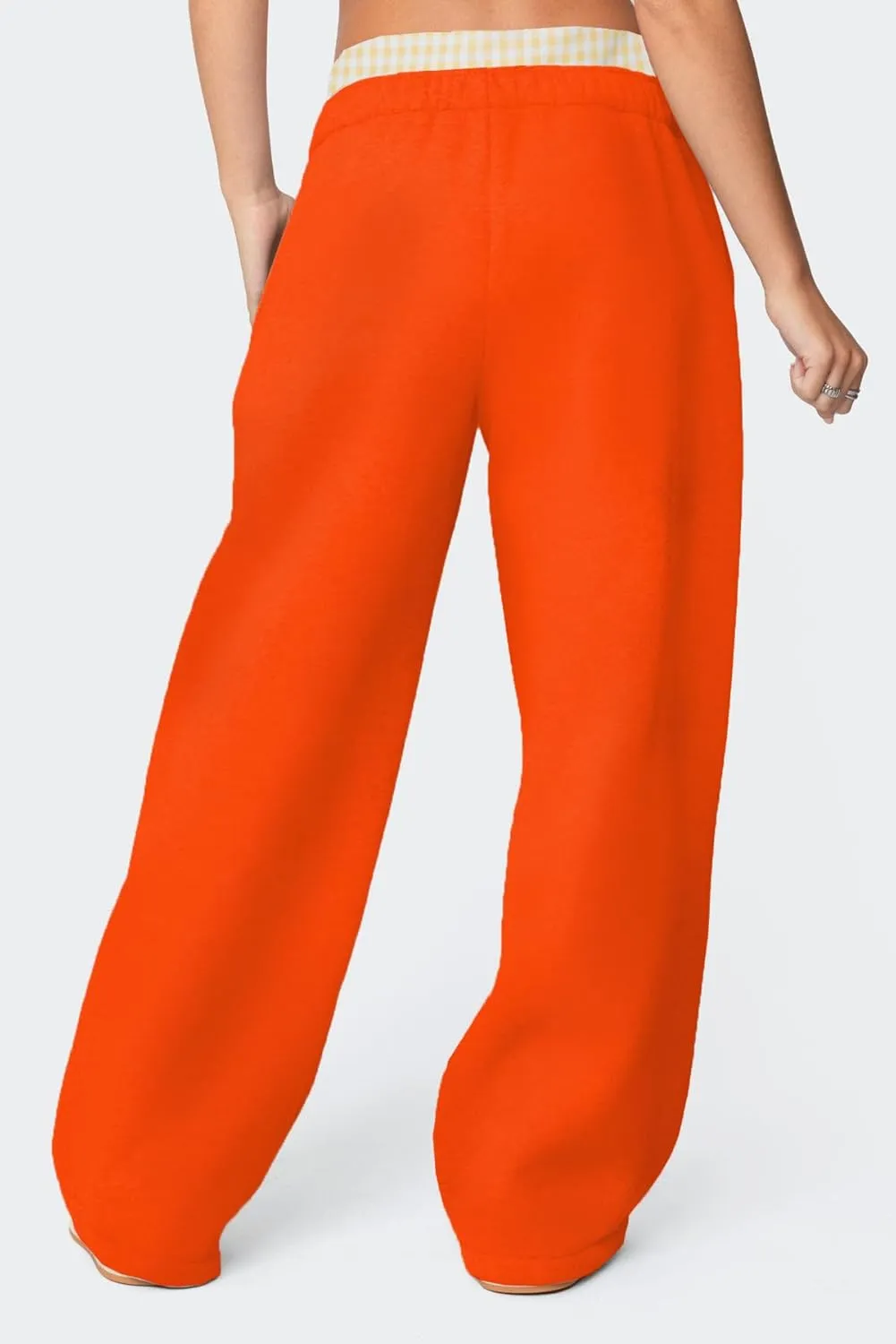 NUFIWI Gingham Boxer Detail Sweatpants for Women Elastic Waist Baggy Flared Pants Straight Leg Casual Going Out Trousers