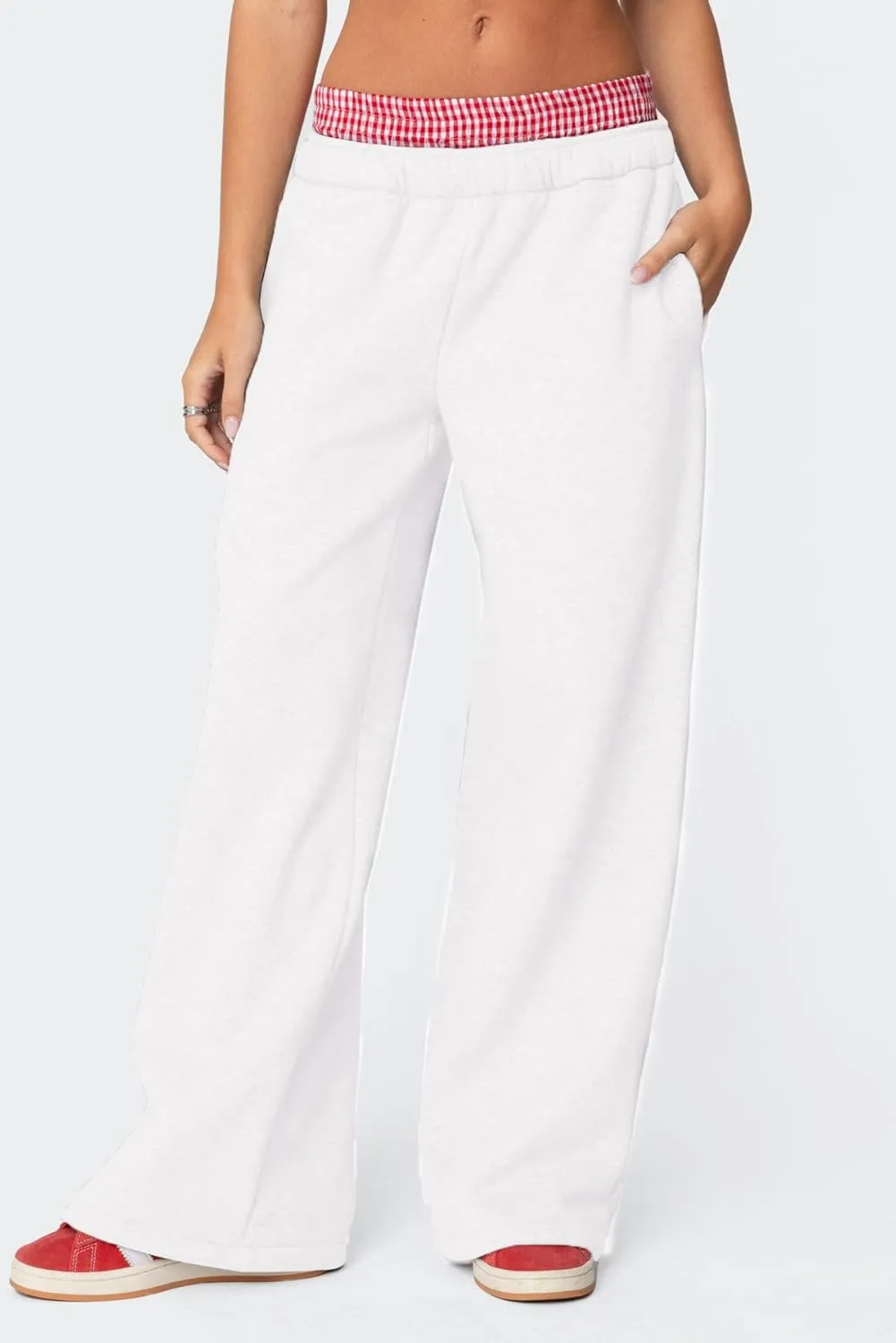 NUFIWI Gingham Boxer Detail Sweatpants for Women Elastic Waist Baggy Flared Pants Straight Leg Casual Going Out Trousers