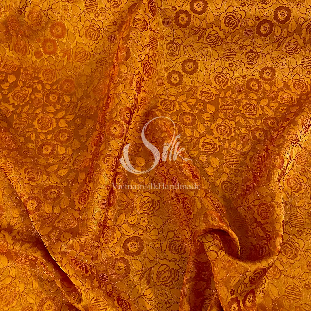 Orange Silk with Rose Flowers - Rose Pattern - PURE MULBERRY SILK fabric by the yard -  Floral Silk - Rose Silk -Luxury Silk - Natural silk - Handmade in VietNam- Silk with Design