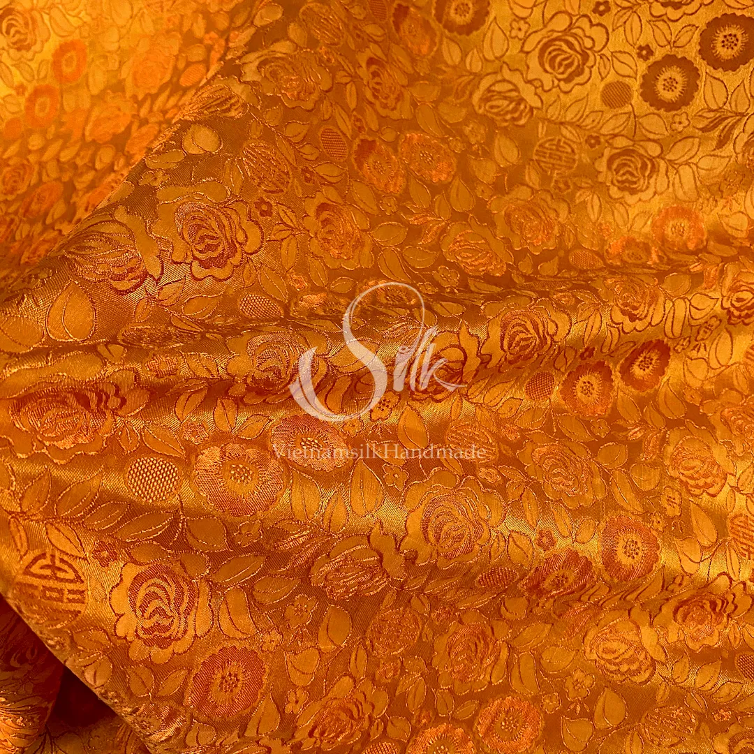 Orange Silk with Rose Flowers - Rose Pattern - PURE MULBERRY SILK fabric by the yard -  Floral Silk - Rose Silk -Luxury Silk - Natural silk - Handmade in VietNam- Silk with Design