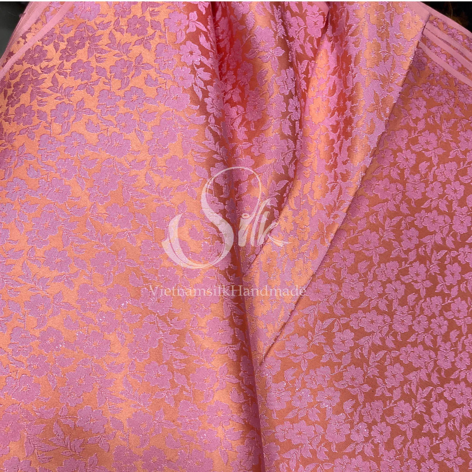 Pink Orange silk with Small Flowers - PURE MULBERRY SILK fabric by the yard - Luxury Silk - Natural silk - Handmade in VietNam- Silk with Design