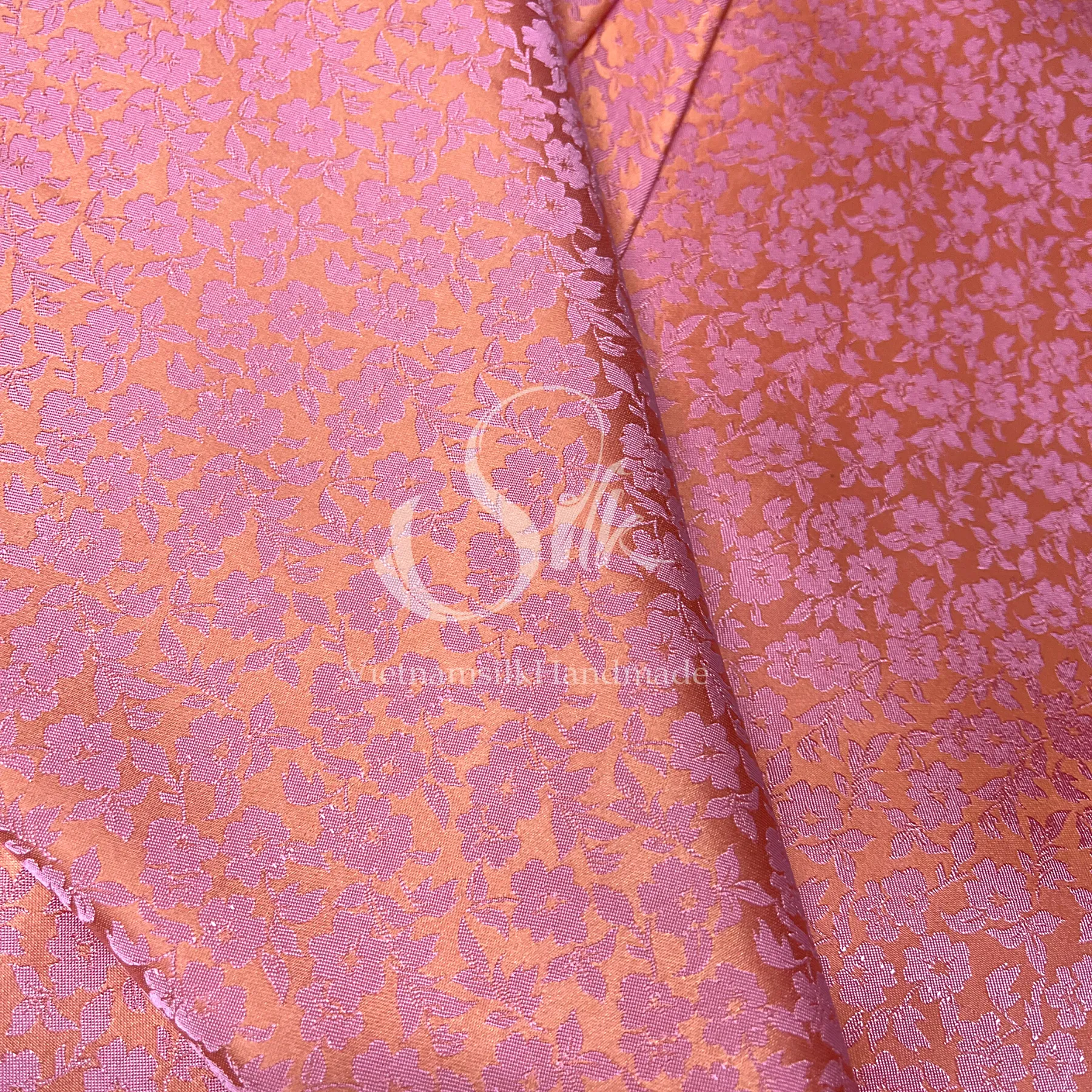Pink Orange silk with Small Flowers - PURE MULBERRY SILK fabric by the yard - Luxury Silk - Natural silk - Handmade in VietNam- Silk with Design