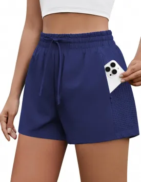 PINSPARK Womens Athletic Shorts High Waisted Running Shorts 2 in 1 Drawstring Quick Dry Gym Shorts with Zipper Pockets