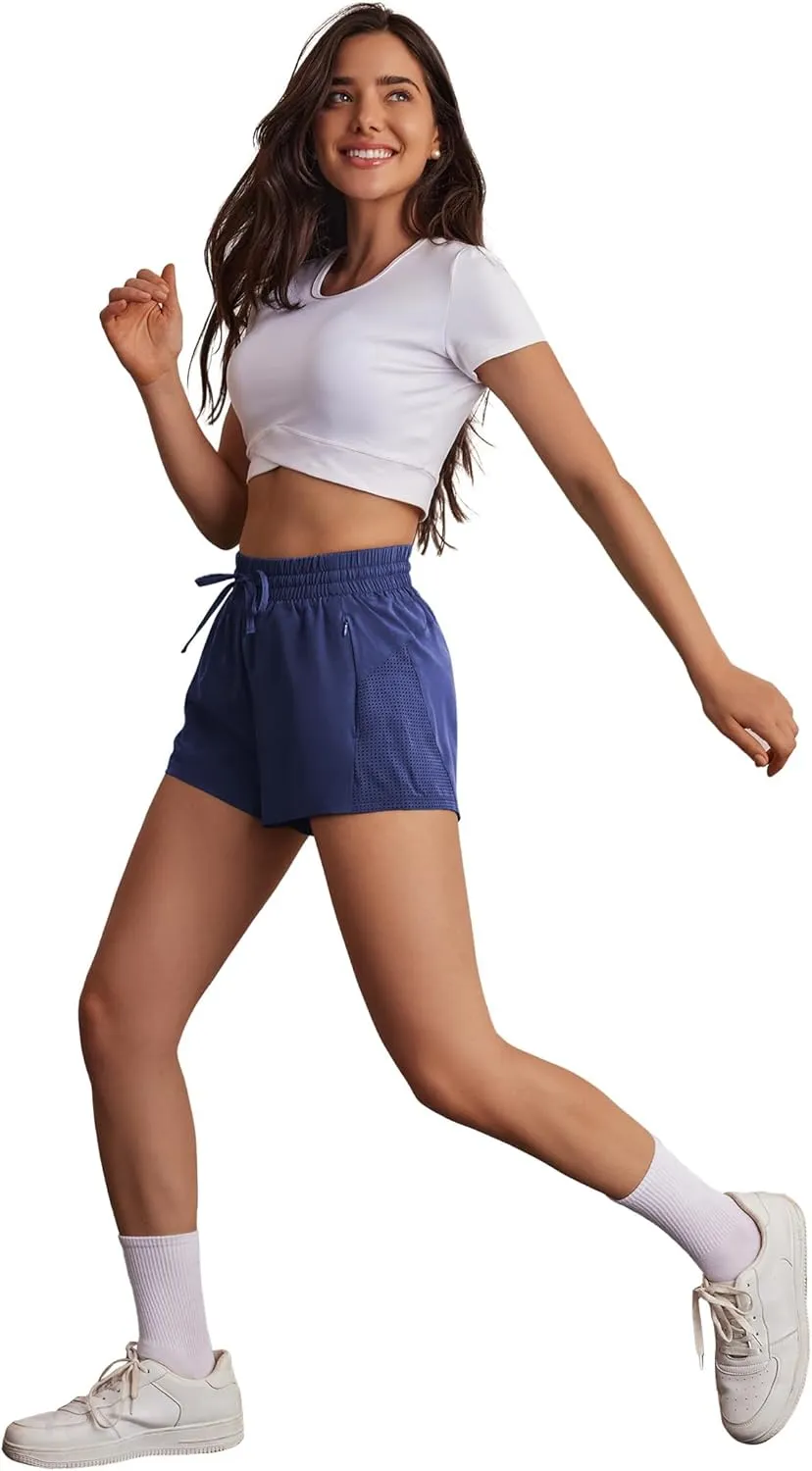 PINSPARK Womens Athletic Shorts High Waisted Running Shorts 2 in 1 Drawstring Quick Dry Gym Shorts with Zipper Pockets
